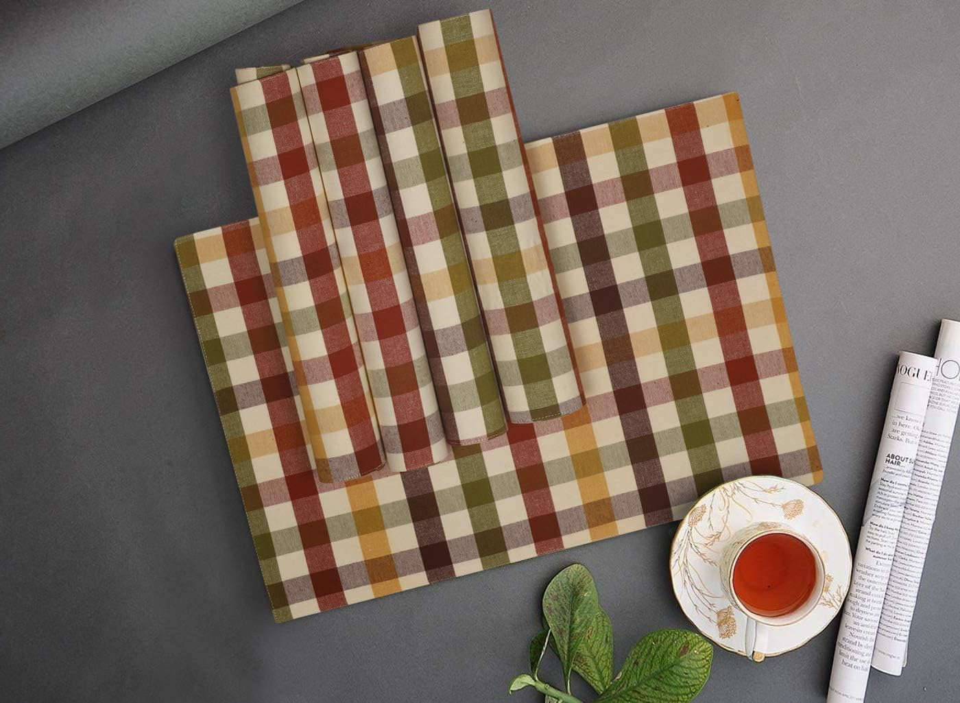 Urban Villa HarvestPlacemats for Dining Set of 6 Over Sized 14''x 20'' Buffalo Check Plaid 100% Cotton Thanks Giving Placemats FallPlacemats Everyday Use Heavier Quality