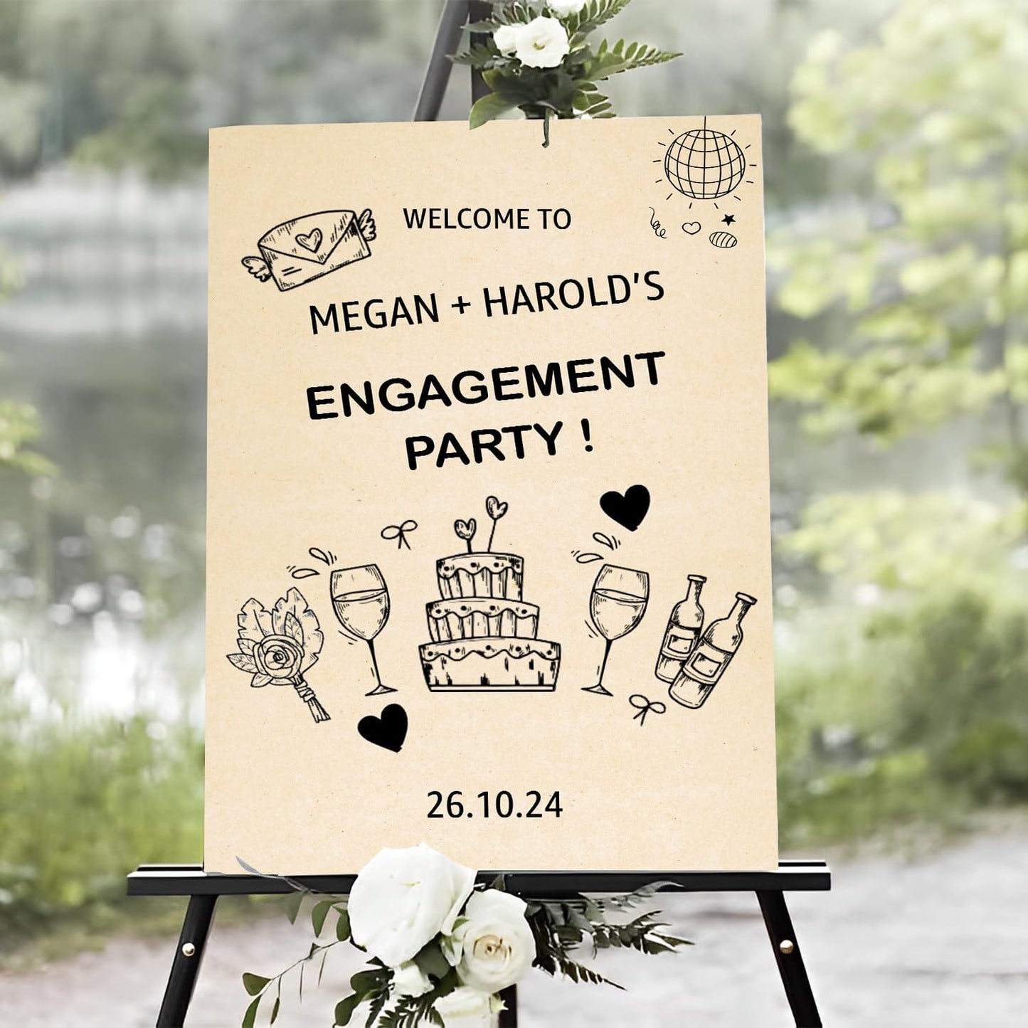 Welcome Sign - Hand Drawn Scribble Illustration 'We're Engaged' Printable Signage for Engagement Party