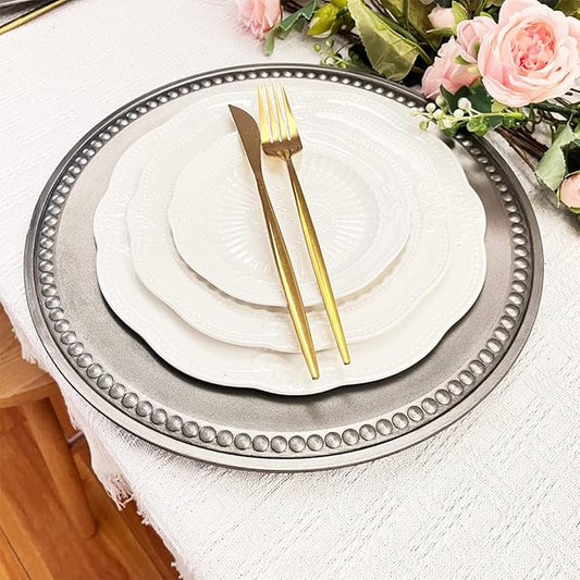 Antique Silver Charger Plates,13 Inch Vintage Dinner Plate Chargers Round Server Ware.Set of 6 Plastic Beaded Chargers for Dinner Plates, Party, Wedding(Silver)