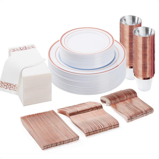 BESTVIP 175PCS Rose Gold Disposable Dinnerware Set for 25 Guests, Plastic Plates for Party, Wedding, Christmas, Halloween, Include: 50 Plastic Plates, 25 Rose Gold Silverware, 25 Cups, 25 Napkins