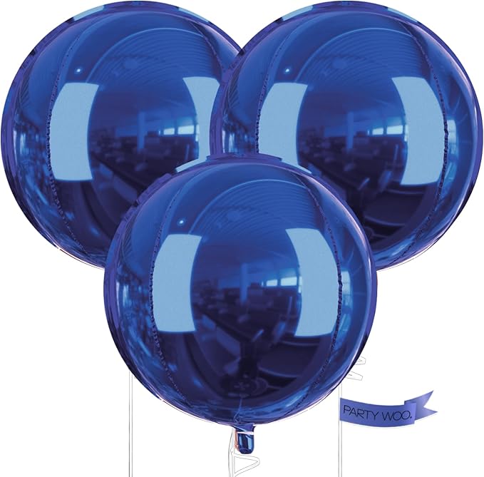 PartyWoo Navy Blue Foil Balloons 3pcs 50 Inch Large Round Foil Big Giant 4D Jumbo Inflatable Mirror Ball Mylar Balloons for Graduation Men Birthday Baby Shower Space Themed Party Decorations
