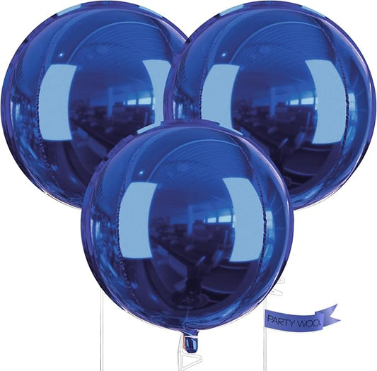 PartyWoo Navy Blue Foil Balloons 3pcs 50 Inch Large Round Foil Big Giant 4D Jumbo Inflatable Mirror Ball Mylar Balloons for Graduation Men Birthday Baby Shower Space Themed Party Decorations