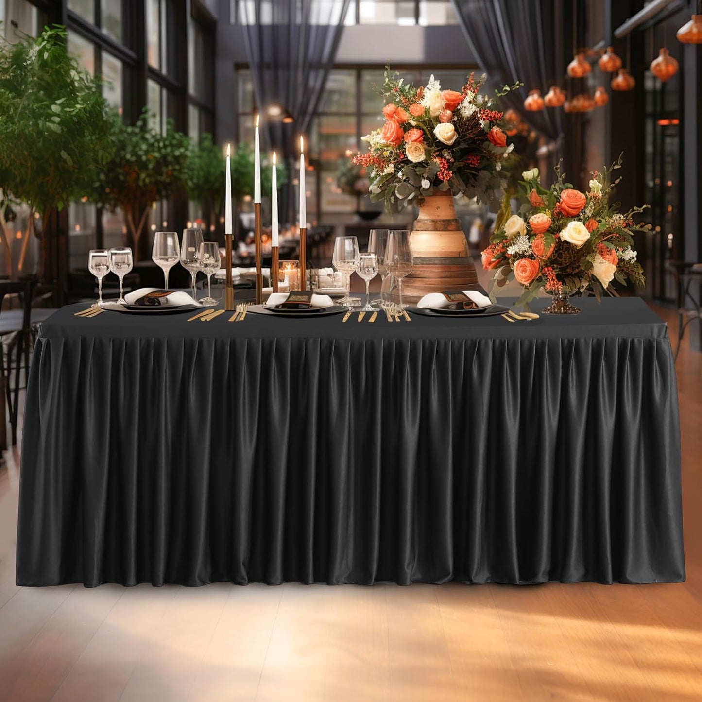 Black Polyester Table Clothes for 4 Foot Rectangle Tables, Wrinkle Free Fitted Table Cover 4ft Stretch Tablecloths with Skirt for Parties Weddings Birthday Banquet Baby Shower