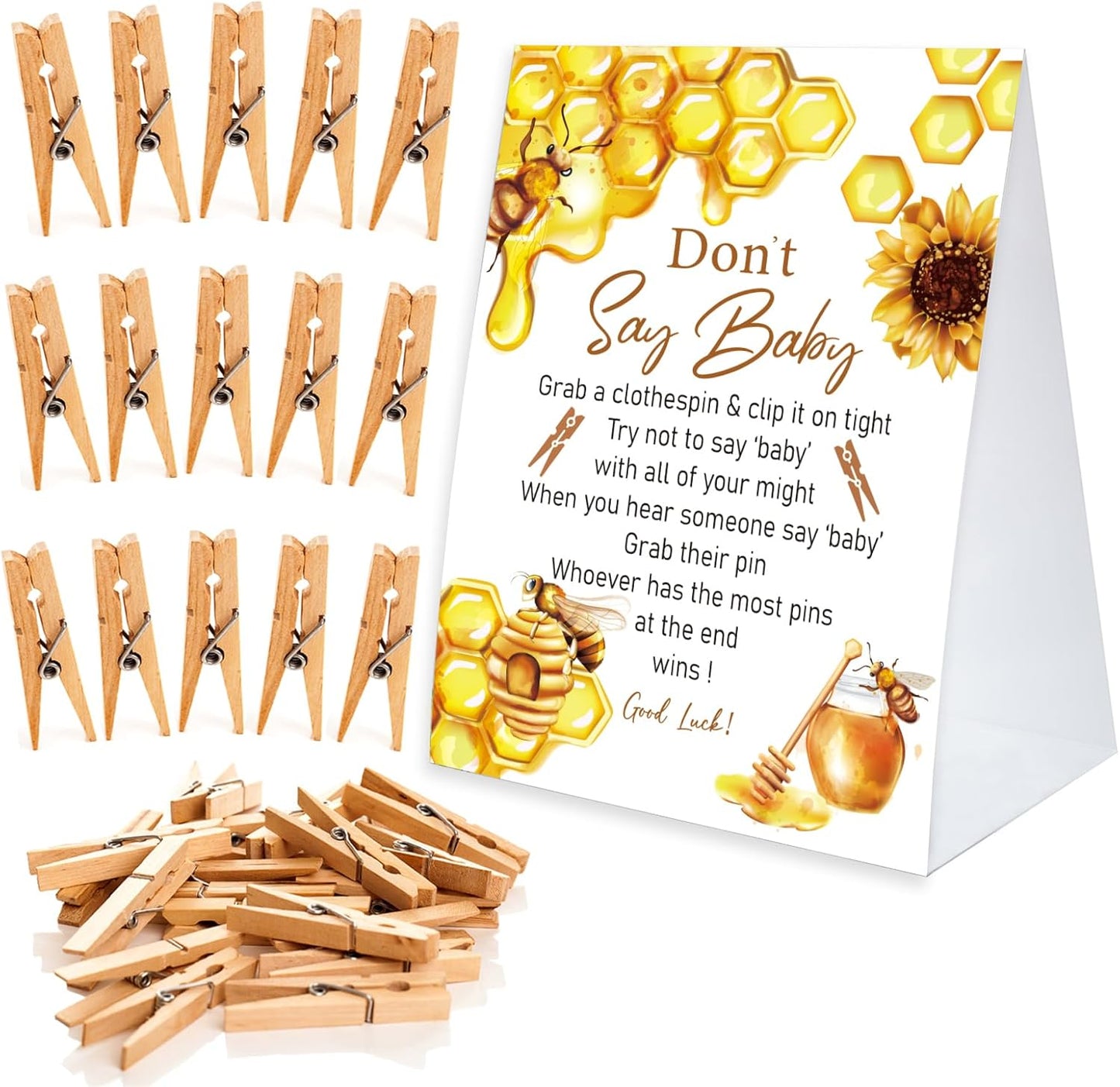 Don't Say Baby Game for Baby Shower Clothespin Game, One 5x7 Coated Paper Sign and 50 Natural Clothespins, Honey Bee Baby Shower, Honey Bee Theme, Gender Neutral -NDSBB46