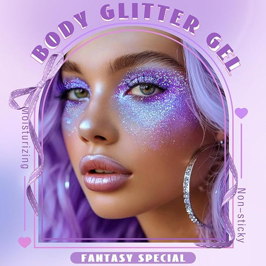 HOSAILY Roll-on Holographic Body Glitter Gel for Face Hair, Chameleon Color Changing Glitter Gel Under Light, Chunky Mermaid Sequins Festival Party Rave Accessories Shimmer Makeup (Purple)