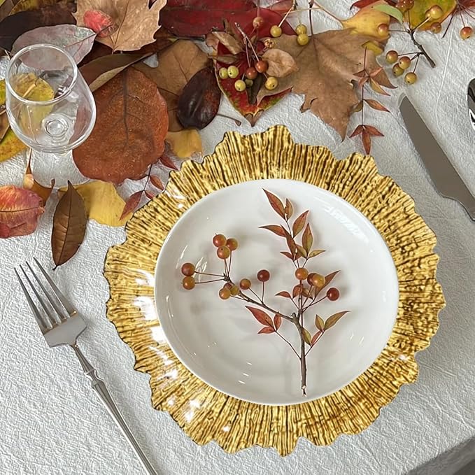 Gold Charger Plates,13 Inch Reef Plastic Chargers for Dinner Plate, Decorative Chargers for Wedding,Elegant Parties, Banquets and Table Decor(Set Of 6)