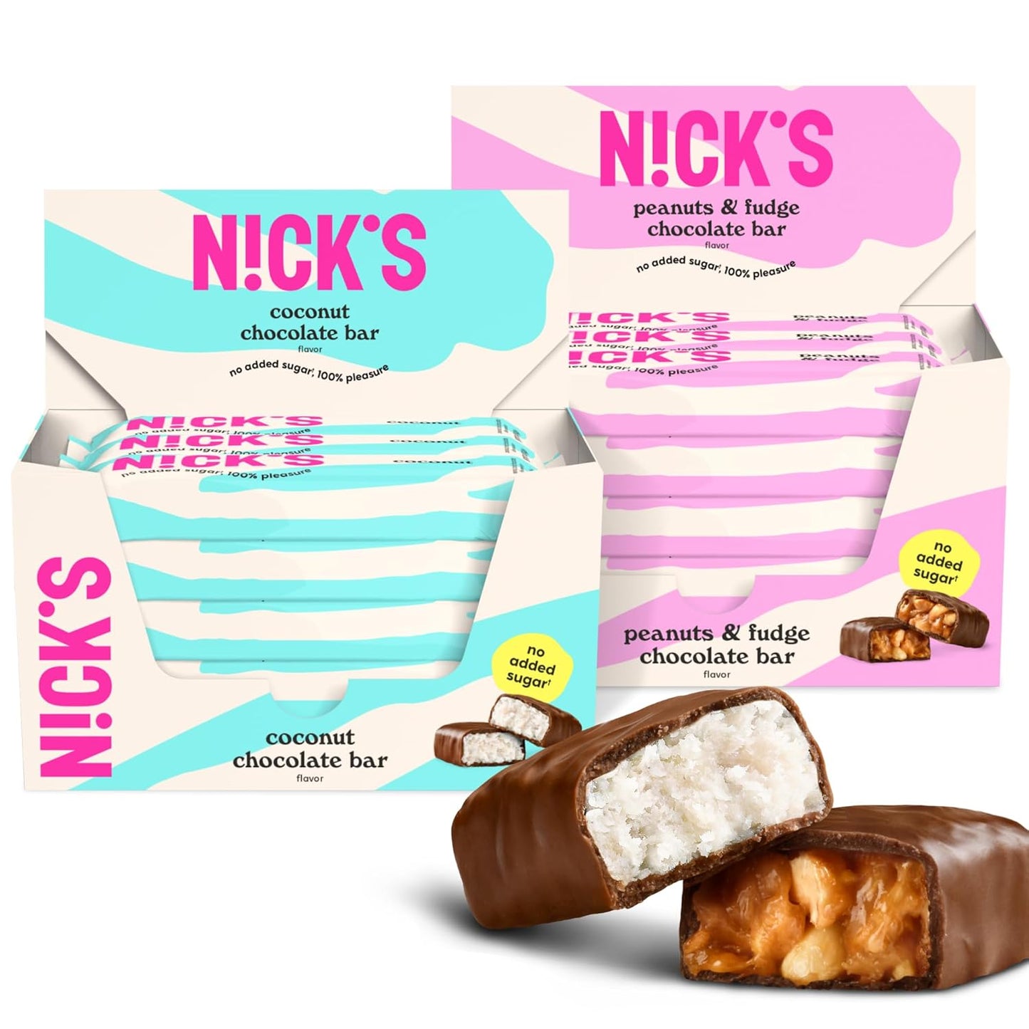 Nick’s Keto Chocolate Candy Bars Bundle, Coconut & Peanuts n Fudge, 15 x 40g Each – No Added Sugar, 3g Net Carbs, Gluten Free, Only 160–180 Calories, Low Carb Candy Snack, 30 Bars total