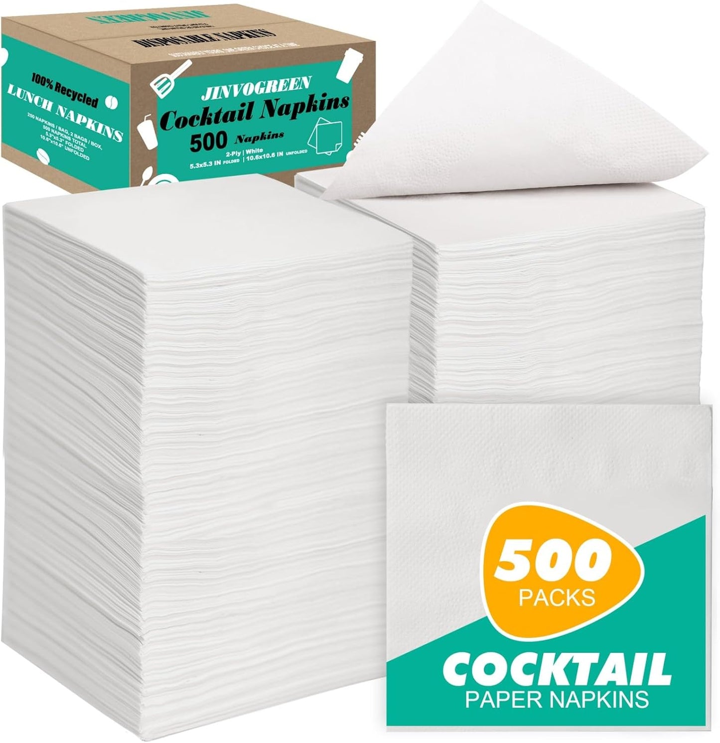 500 Count Cocktail Napkins Disposable 2-Ply White Beverage Paper Napkins Bulk for Bars, Lunch, Parties, Restaurant and Everyday Use - 5.3 x 5.3 Inch Folded