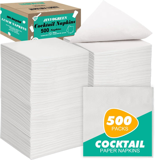 500 Count Cocktail Napkins Disposable 2-Ply White Beverage Paper Napkins Bulk for Bars, Lunch, Parties, Restaurant and Everyday Use - 5.3 x 5.3 Inch Folded