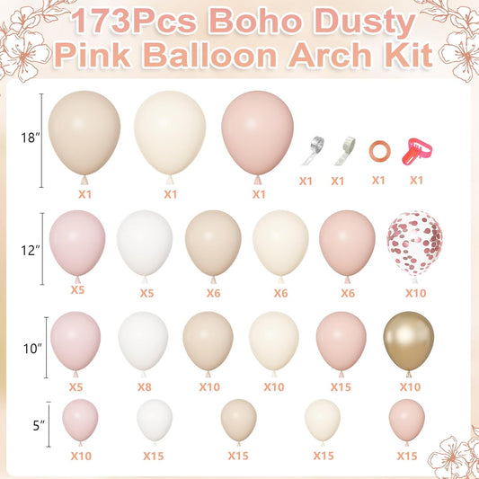 Amandir 173Pcs Boho Dusty Pink Balloon Arch Garland Kit, Neutral Baby Pink Ivory White Sand Nude Rose Gold Confetti Balloons for Girl Baby Shower Gender Reveal Wedding Birthday Party Decorations