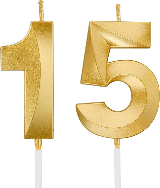 Birthday Candles, 1.96 Inch Number 15 Happy Birthday Candles, Number Candles Decoration for Birthday Party and Anniversary Celebration(Champagne Gold)