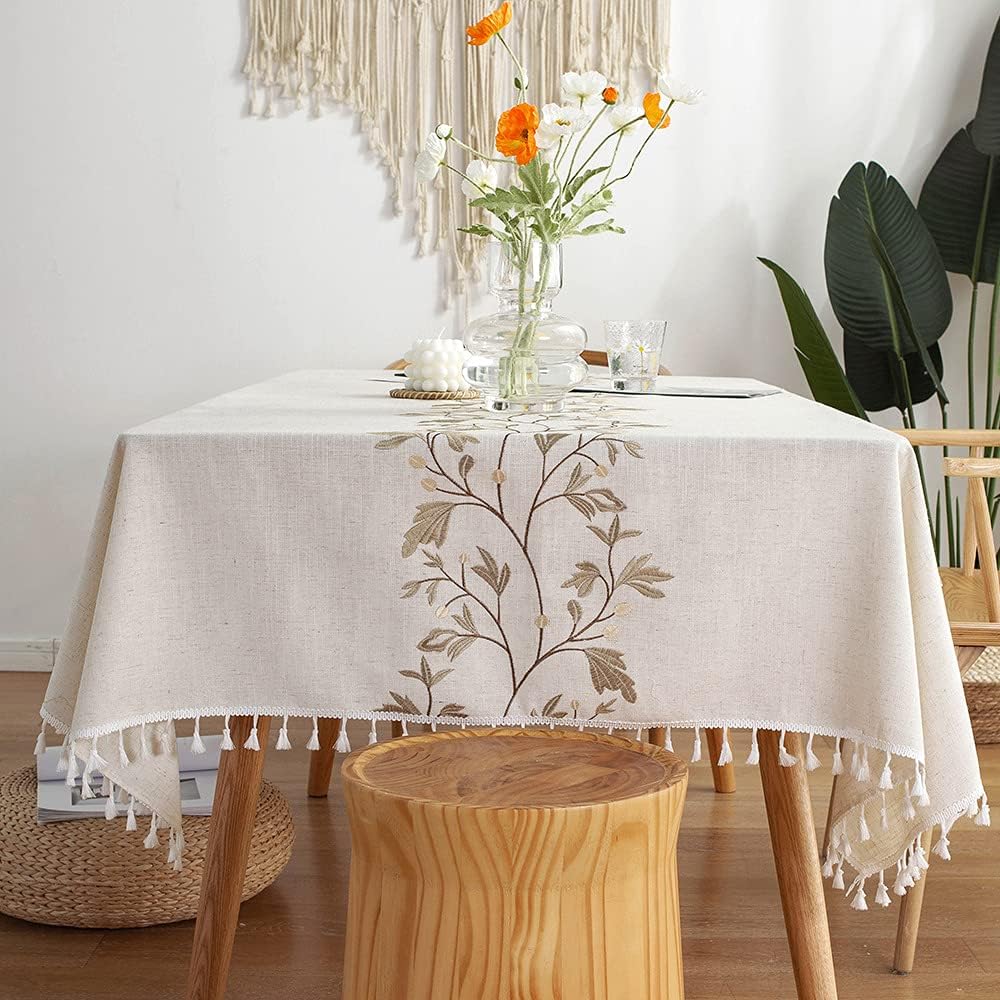 Pahajim Rustic Linen Tablecloth Cotton Waterproof Table Cloth for Kitchen Dining with Tassel Rectangle Tablecloths Rectangle/Oblong, 55''x 94'', 6-8 Seats