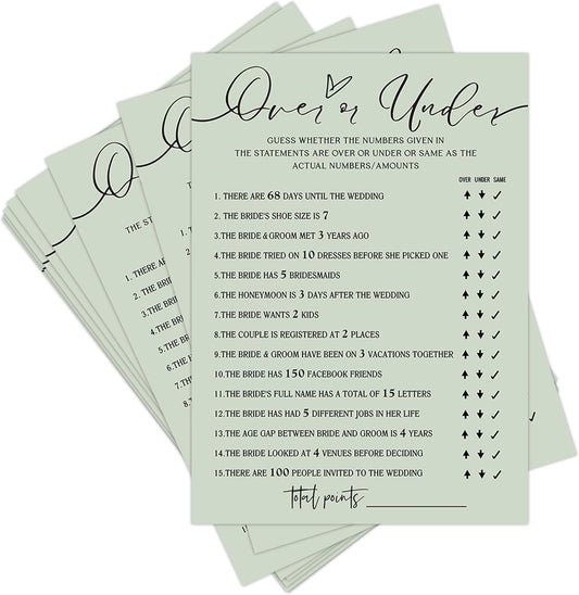 Bridal Shower Games, Over or Under, 25Pcs Minimalist Sage Green Bridal Game Cards, Wedding Shower Games for Guests, Engagement Bachelorette Party Supplies