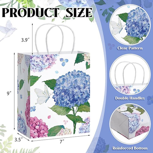 24 Pcs Floral Gift Bags Watercolor Hydrangea Paper Gift Bags with Handles Summer Party Favor Bag for Wedding Birthday Baby Shower