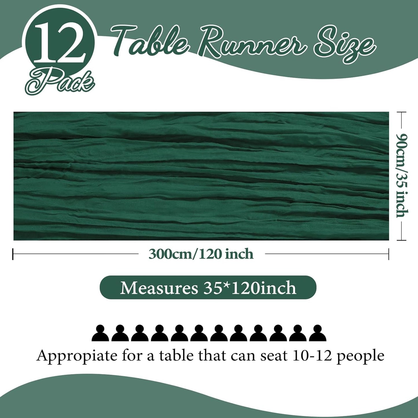 12 Pack 10FT Christmas Table Runner Emerald Green Cheesecloth 35x120 Inch Gauze Rustic Boho Table Runner Cheese Cloth for Wedding Decor Birthday Party Bridal Baby Shower Table Centerpiece Decoration