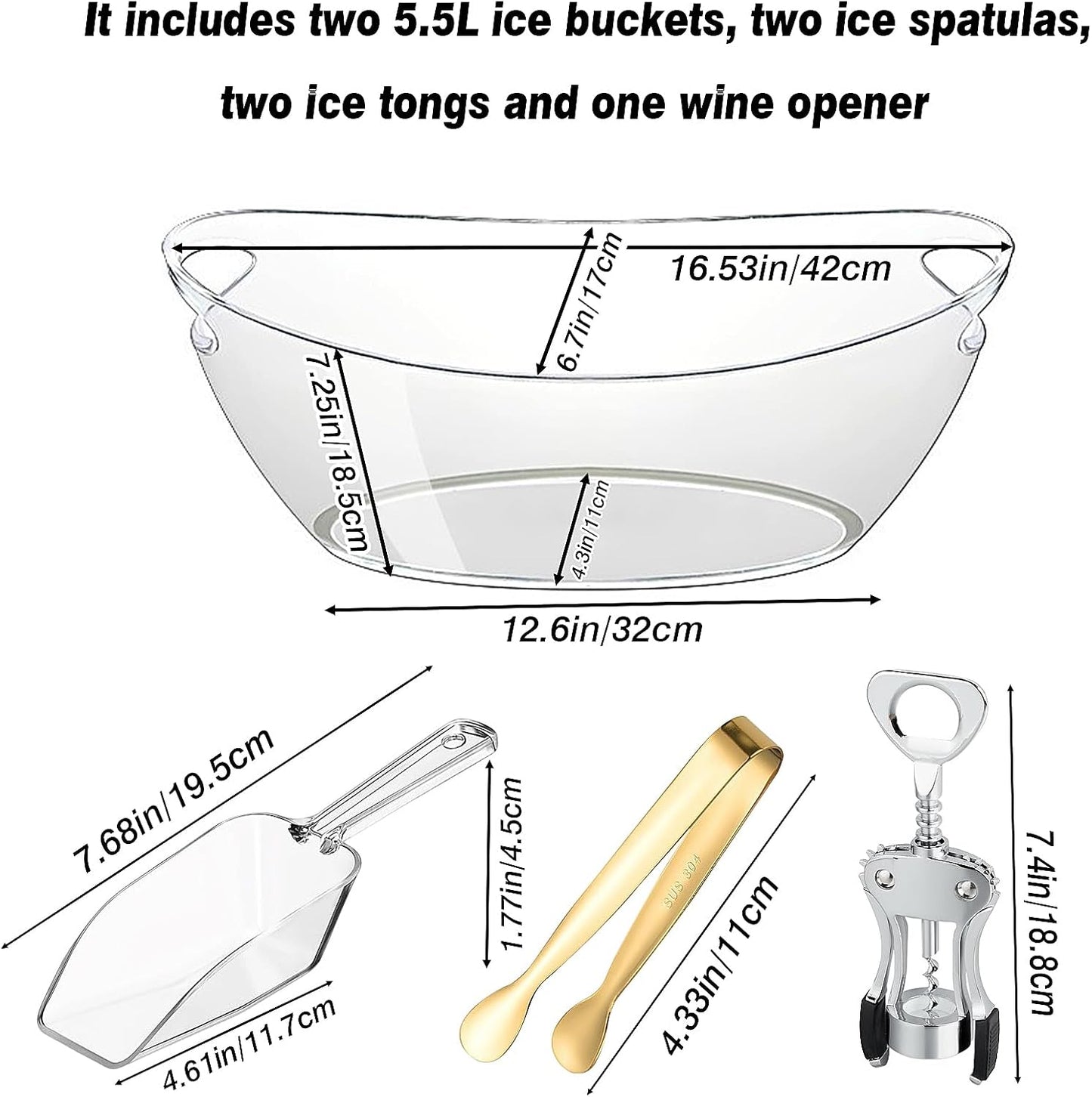 Ice Buckets for Parties,Ice Bucket Bowls of 2pcs with Scoops(2pcs)&Metal Wine Bottle Opener&Ice Clip(2pcs),5.5L Large Clear Acrylic Ice Champagne Buckets Tub for Parties,Mimosa Bar Supplies,Beer