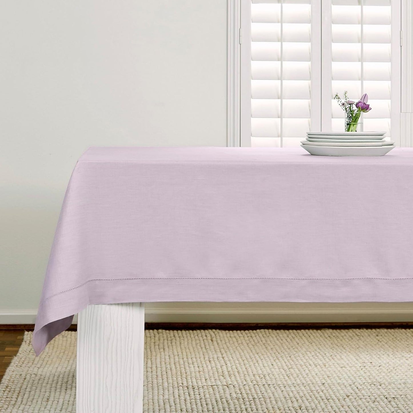 Solino Home Lilac Linen Tablecloth 52 x 52 Inch - 100% Pure Linen Square Table Throw - Classic Hemstitch, Machine Washable Table Cloth for Fall, Autumn, Thanksgiving, Christmas