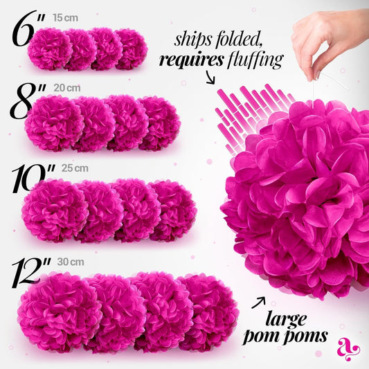 Hot Pink Tissue Paper Pom Poms - Hot Pink Party Decorations for Birthdays, Weddings, Baby Showers, Engagements and Special Occasions by Avoseta (16 Piece Set, Assorted Sizes)