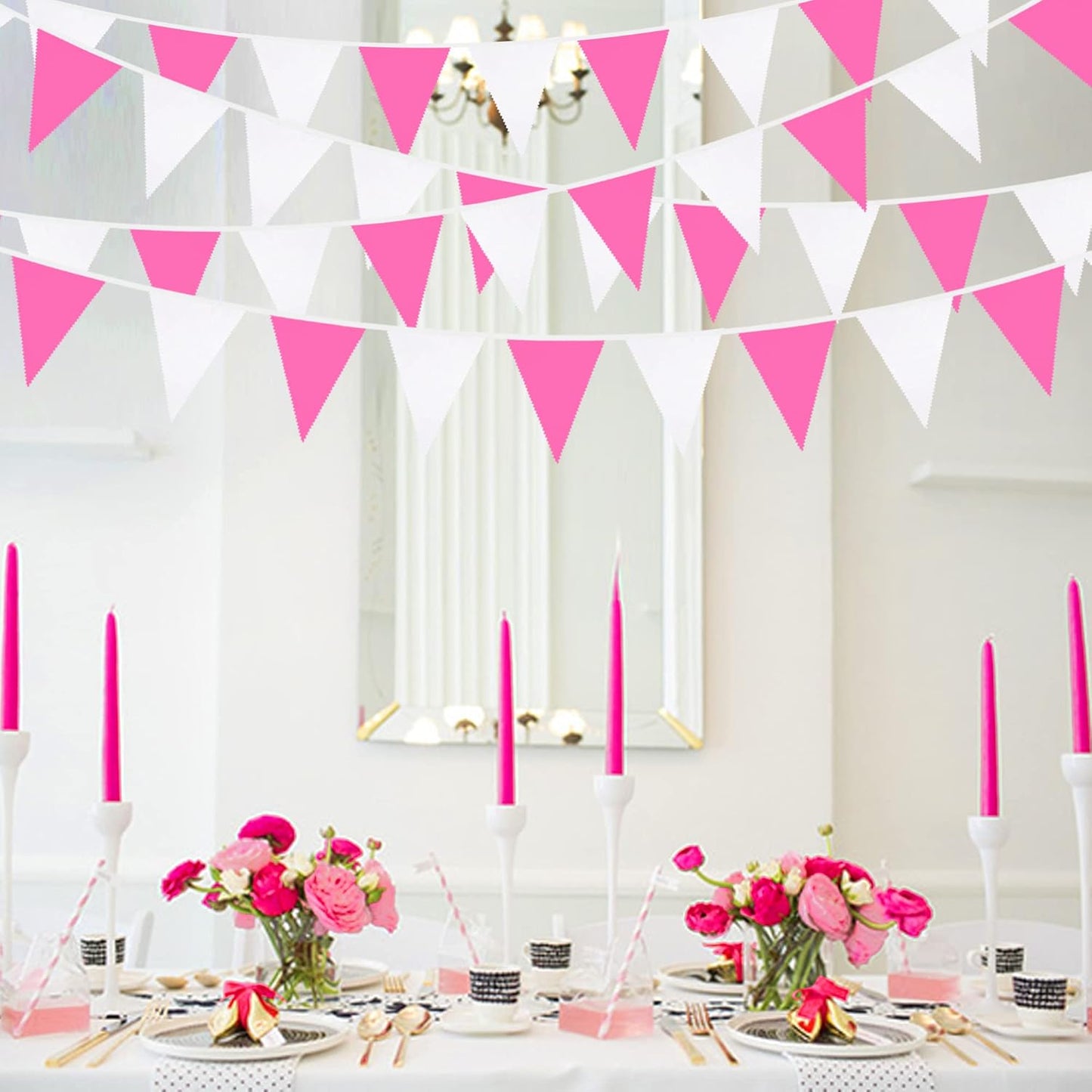 32Ft Rose Hot Pink White Pennant Banner Fabric Triangle Flag Cotton Bunting Garland Kit for Wedding Birthday Baby Shower Anniversary Party Home Nursery Outdoor Garden Hanging Festivals Decoration