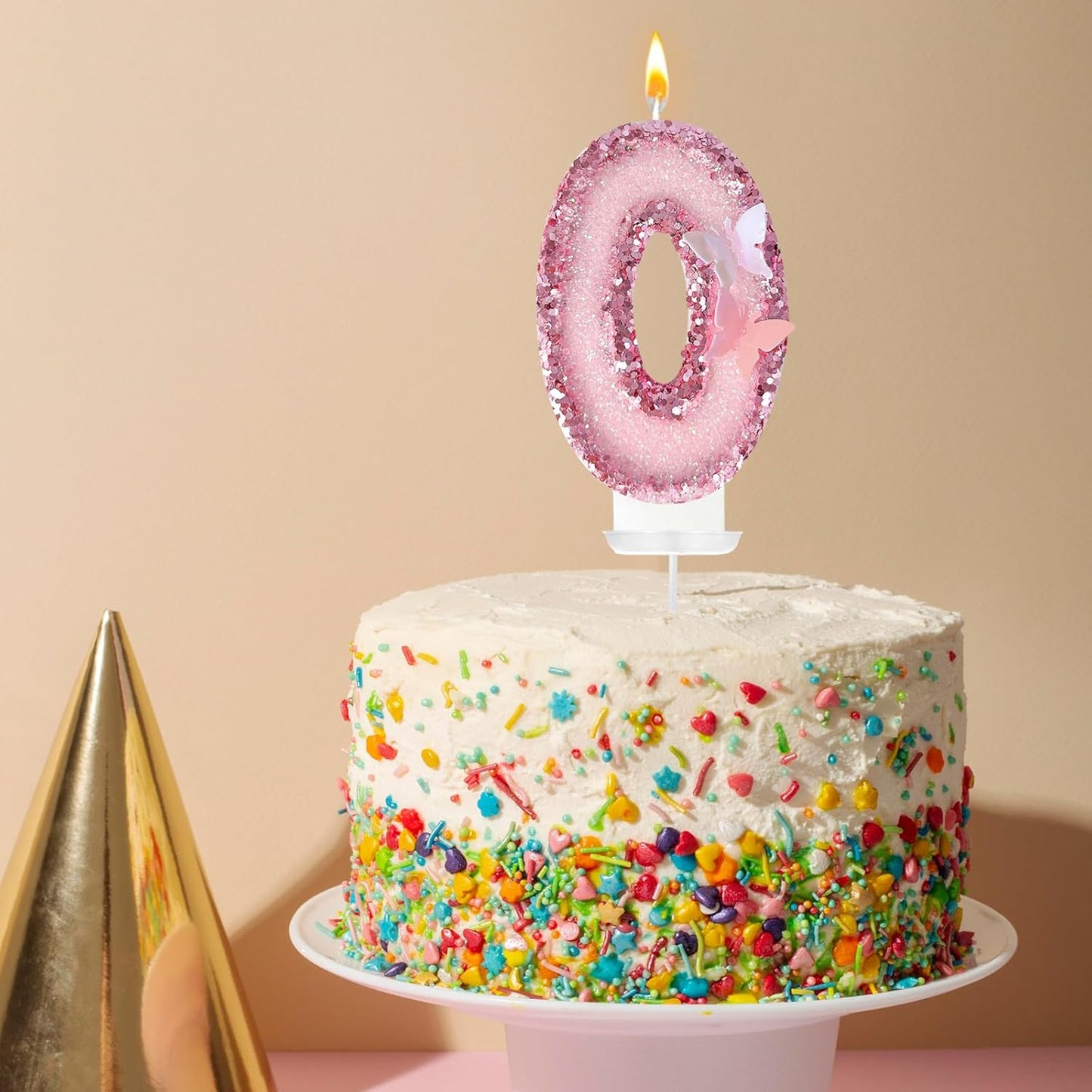 Birthday Candles，Glitter Butterfly Cake Toppers Pink Sequins Wedding Numeral Cupcake Decorations，Suitable for Girl and boy Wedding Cakes, Party Celebrations, Birthday Decorations (Number 0)