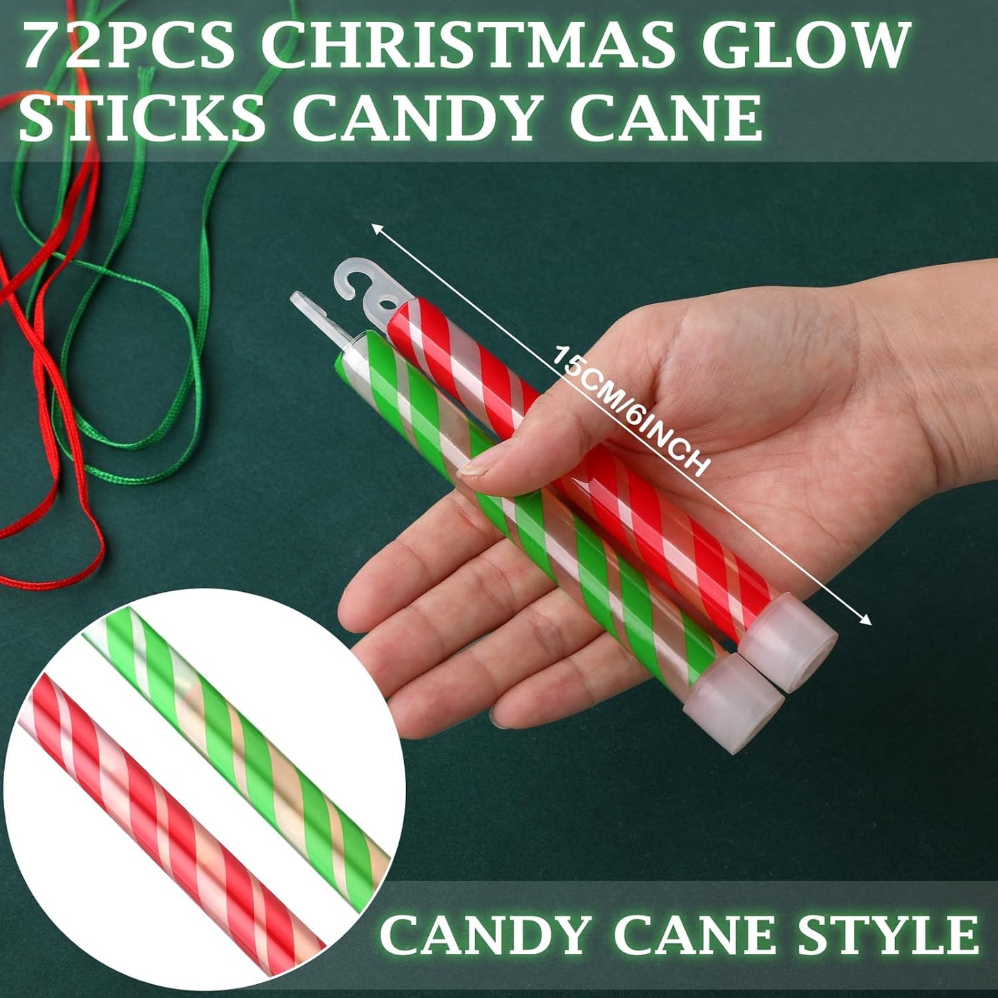 Meooeck 72 Pcs Christmas Glow Sticks Candy Cane Bulk Red Green Stripe Glow Stick Light up Christmas Necklace Gifts Party Favor Supplies