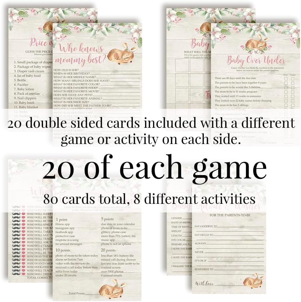 Baby Shower Games 8 Game Set Pink Watercolor Little Deer Woodland Floral 80 Double-Sided Cards for 20 Guests. Baby Shower Bingo, Baby Predictions & Activities for Guests. Theme for Girl