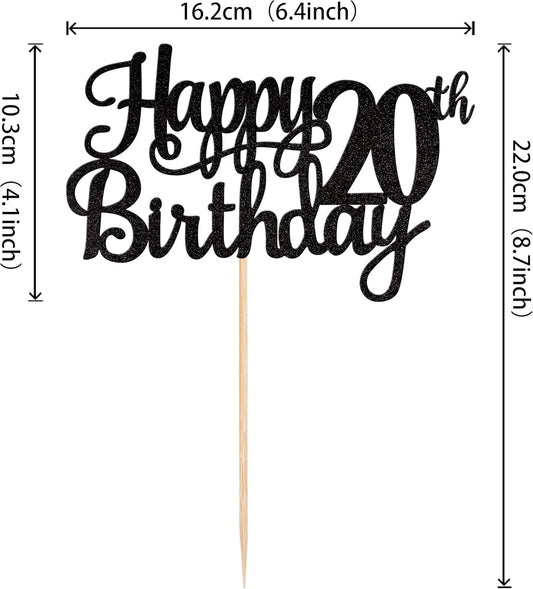 1 PCS Happy 20th Birthday Cake Topper Glitter Cheers to 20 Years Birthday Cake Pick Twenty 20 Fabulous Cake Decoration for Happy 20th Birthday Theme Party Decorations Supplies Black