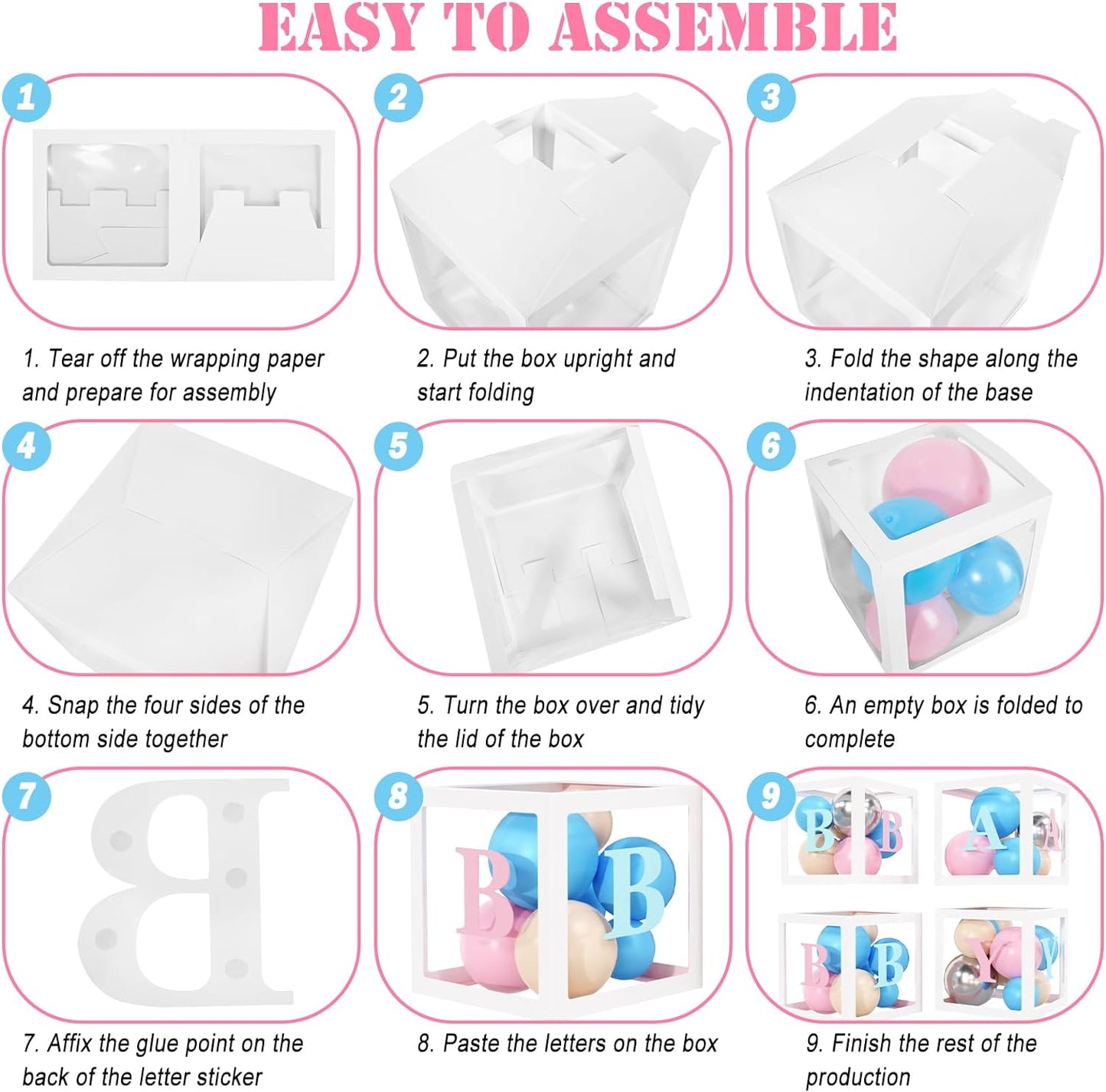 Amandir 164PCS Baby Boxes Gender Reveal Balloon Decorations, Pink and Blue Balloon Garland Kit 4pcs Boxes with Letters for Baby Shower Birthday Boy or Girl Gender Reveal Party Supplies