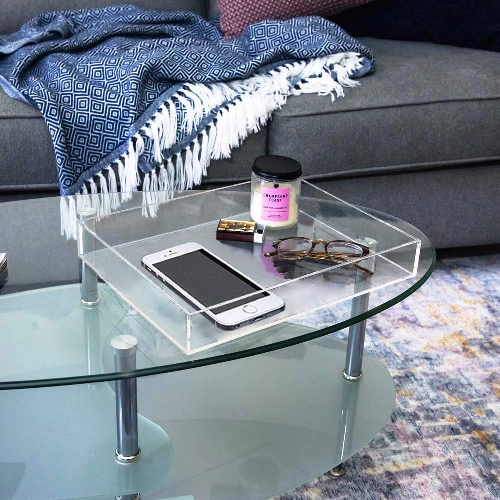 Waterproof Acrylic Serving Tray, Sturdy Thick Nightstand Dresser or Bathroom Vanity Tray Organizer for Change, Coin, Key, Phone, Glasses, Clear Acrylic Storage Valet Organizer