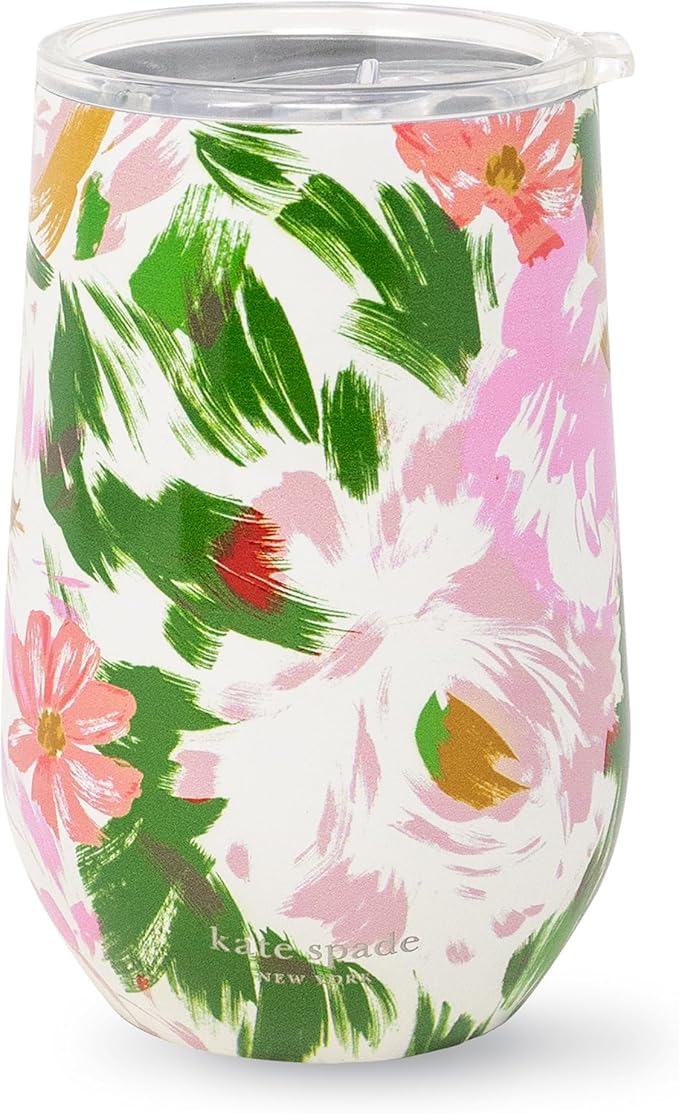 kate spade new york Insulated Stainless Steel Wine Tumbler, 16 Ounce Double Wall Tumbler, Floral Stemless Travel Cup with Lid (Hidden Garden)