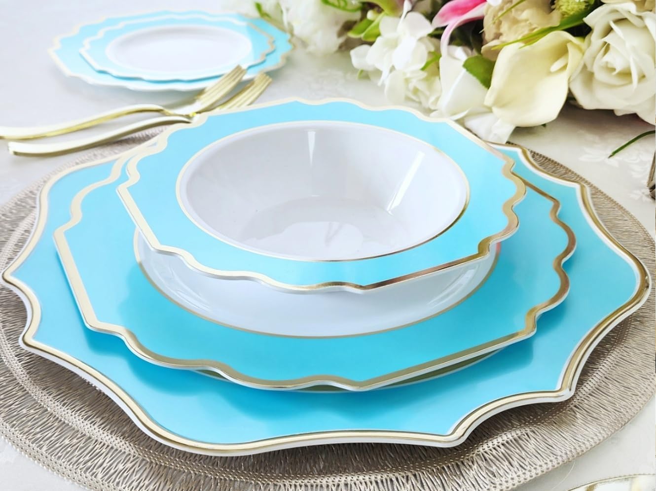 " OCCASIONS " 80 Plates Pack,(40 Guests) Heavyweight Premium Wedding Party Disposable Plastic Plates Set -40 x 10.5'' Dinner + 40 x 8'' Salad/Dessert (Imperial Aqua & Silver)