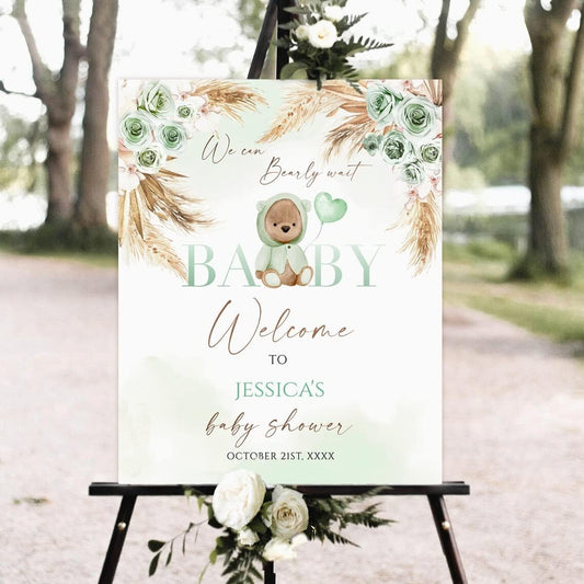 Baby Shower Welcome Sign, Gender Neutral Baby Shower Sign, Editable Sign, teddy bear baby shower welcome sign, pampas grass welcome sign