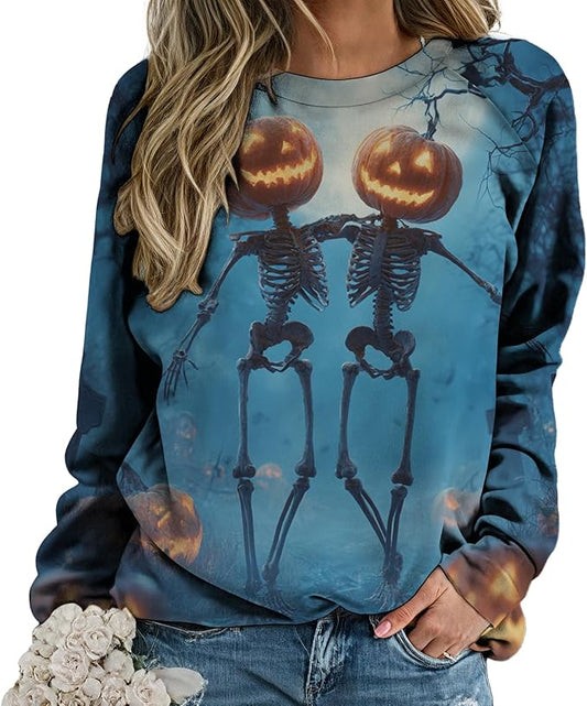 Sweatshirts for Women Graphic Print Casual Pullover Tops Long Sleeve Crewneck Halloween T Shirts