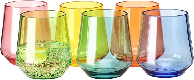 16oz Colorful Stemless Wines Cups (Set of 6), Shatter-Proof Acrylic Glasses Drinkware, Reusable Plastic Bar Glasses, BPA-Free, Dishwasher-Safe