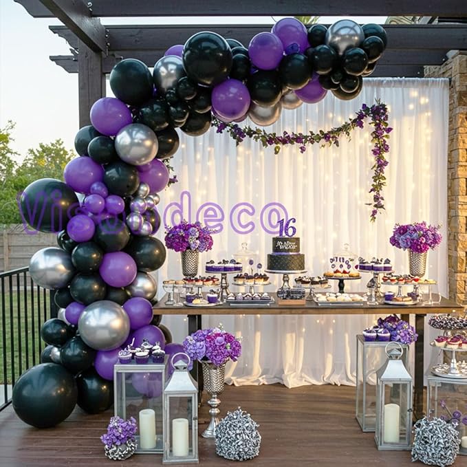 Black and Purple Balloons - 132pcs 18'' 12'' and 5'' Purple Black Balloon Arch Kit with Metallic Silver Balloons for Birthday Party Halloween Graduations Corporate Event and Gaming Night