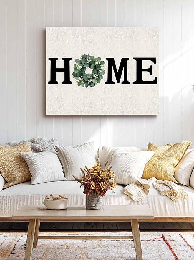 Home Green Eucalyptus Leaves Garland Canvas Wall Art Retro Linen Wall Painting Canvas Picture Prints Framed Artwork for Office Bedroom Bathroom Kitchen Home Decorations,16x12In