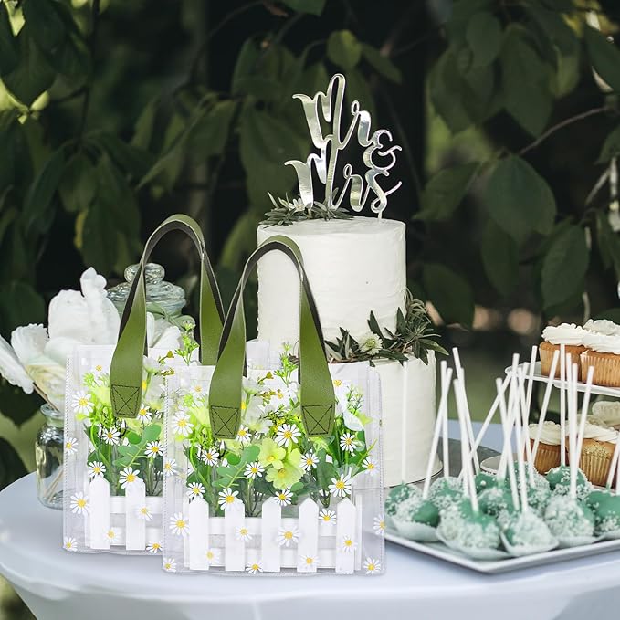 Whaline 12Pcs Daisy Clear PVC Gift Bags with Green Handle Cute Flower Reusable Transparent Treat Bags for Spring Mother's Day Wedding Birthday Bridesmaid Baby Shower Party Favor