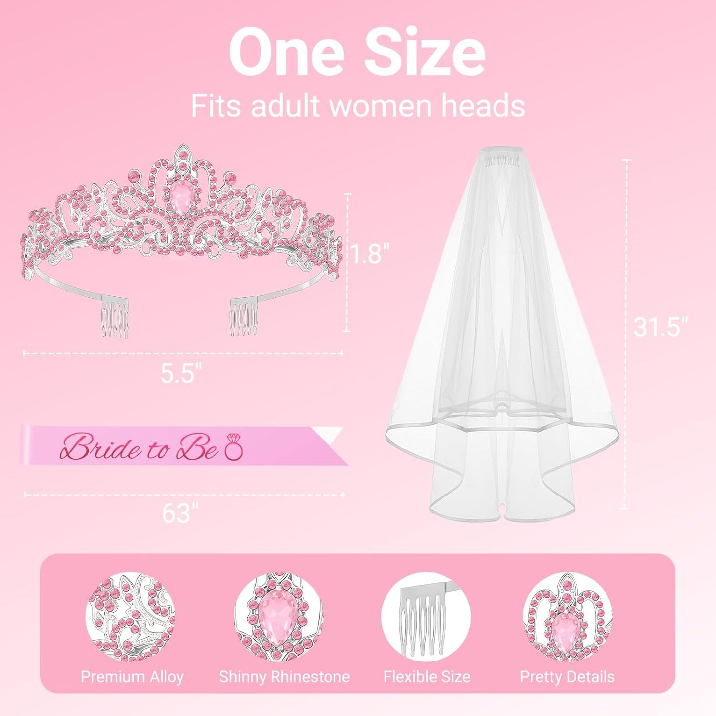 3Pcs Bride to Be Crown with Sash and Veil for Bachelorette Party Decorations, Bridal Shower Accessories for Gift, Favors