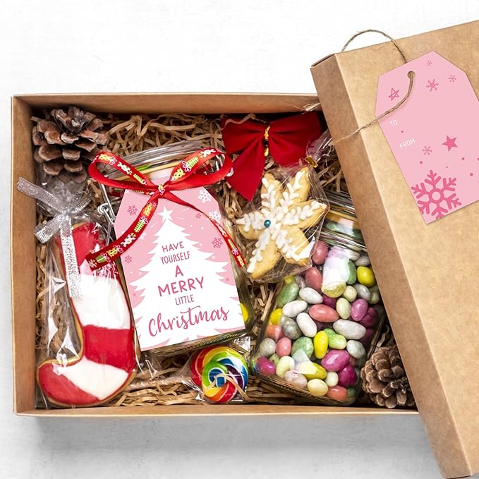 Anwyll Christmas Gift Tags with String - 50Pcs Pink Merry Christmas Name Tags for Gift Xmas to from Tag Have A Merry Little Christmas Tree Label Tag for Present Wrap Goodie Bags Holiday Party Favors