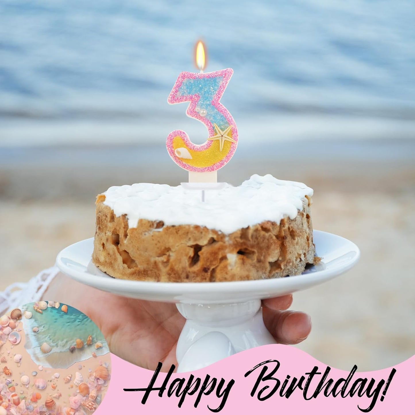 3rd Birthday Candle for Cake, Pink Beach Starfish Sequins Number Cake Candles, 2.76 inch Pink Cake Topper Decoration for Birthday Party (Number 3)