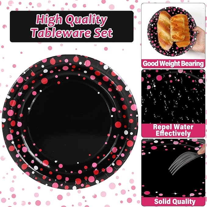 96PCS Hot Pink and Black Party Supplies Hot Pink Dots on Black Paper Plates Napkins Bachelorette Bridal Shower Party Decorations Girl Birthday Dinnerware Favor Coquette Tableware Serves 24