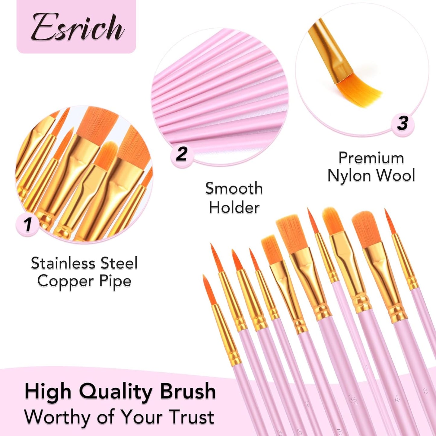 ESRICH Acrylic Paint Brushes Set, 24Packs /240 Pcs, Nylon Brush Head, for Oil Painting, Gouache, Face,Ceramics etc, Kid's and Adults Painting Arts and Crafts Sets.(Pink)