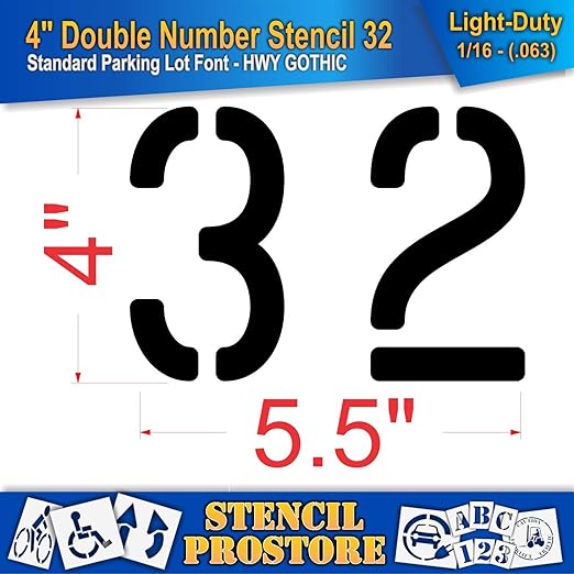Pavement, Curb, and WheelStop Stencils - 4 inch Double Number Stencil - (32) - 4" x 5.5" x 1/16" (63 mil) - Light-Duty