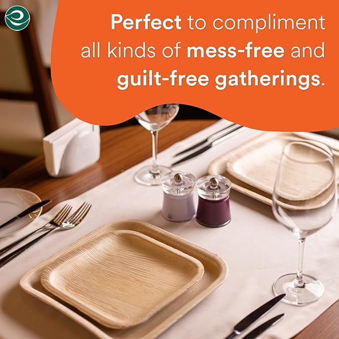 ECO SOUL 7&10 Inch Disposable Palm Leaf Bundle Plates [50 Pack] Premium Food-Safe Heavy Duty Compostable Bamboo Paper Plates for Lunch, Dinner, Weddings, Party, Camping & Catering Events [Square]