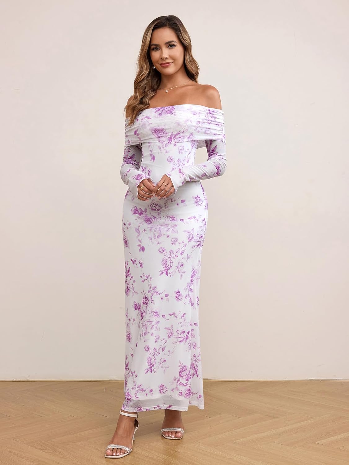 KUTUMAI Women Off Shoulder Bodycon Maxi Dress Long Sleeve Mesh Ruched Party Formal Wedding Guest Dresses
