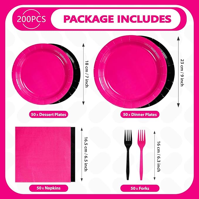 200Pcs Hot Pink and Black Birthday Decorations Hot Pink Party Plates and Napkins Disposable Heavy Duty Pink and Black Tableware Set for Valentine’s Day Girls Women Birthday Bridal Shower Gender Reveal