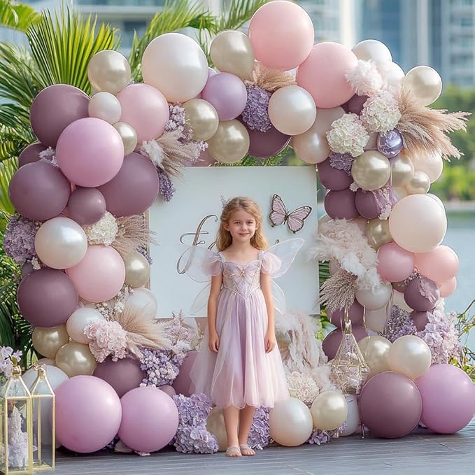 Dusty Purple Pink Balloon Arch Kit, Double Stuffed Lavender White Sand Pearl Balloon Garland with Pastel Pink Lilac Blush Gold Latex for Baby Shower Birthday Wedding Valentines Party