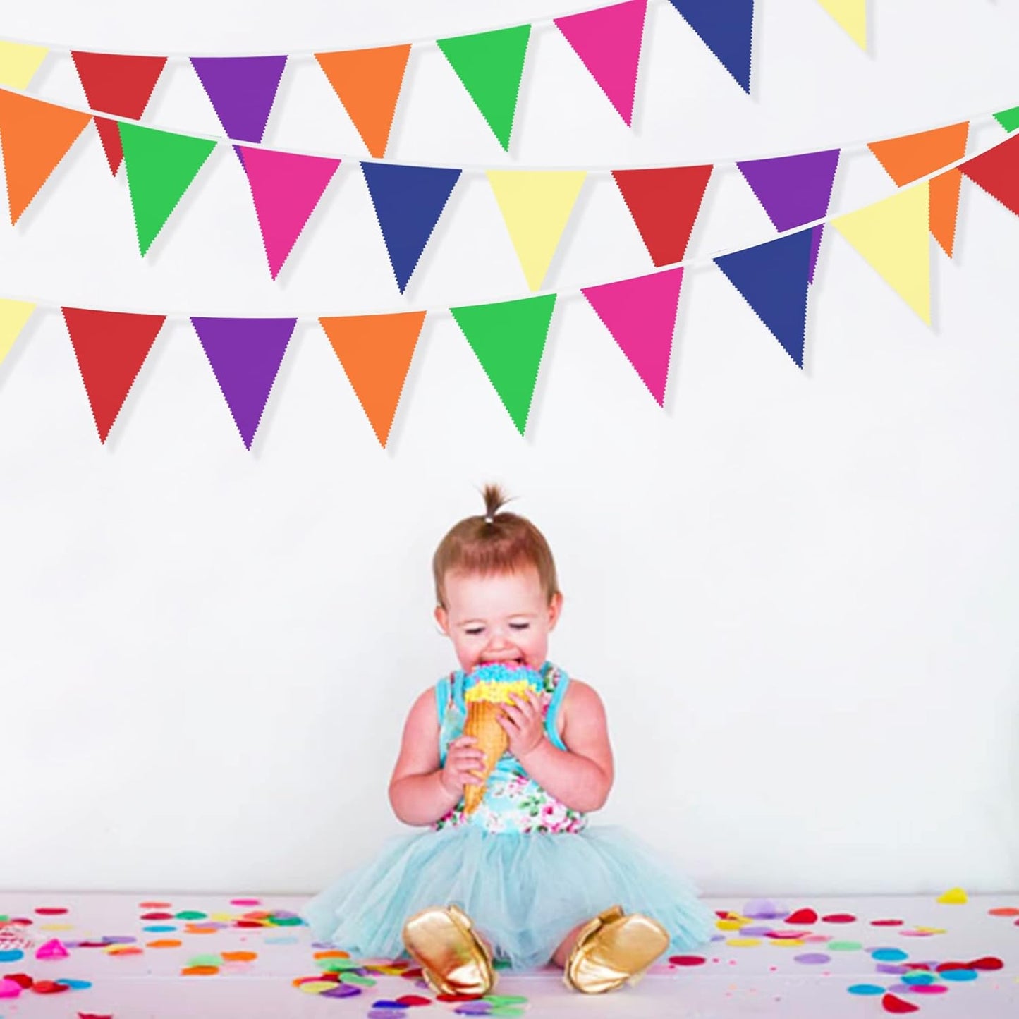 32Ft Colorful Banner Rainbow Triangle Pennant Flag Multicolor Fabric Bunting Garland for Grand Opening Kids Birthday Party Celebrations Classroom Outdoor Garden Festivals Hanging Shops Decorations
