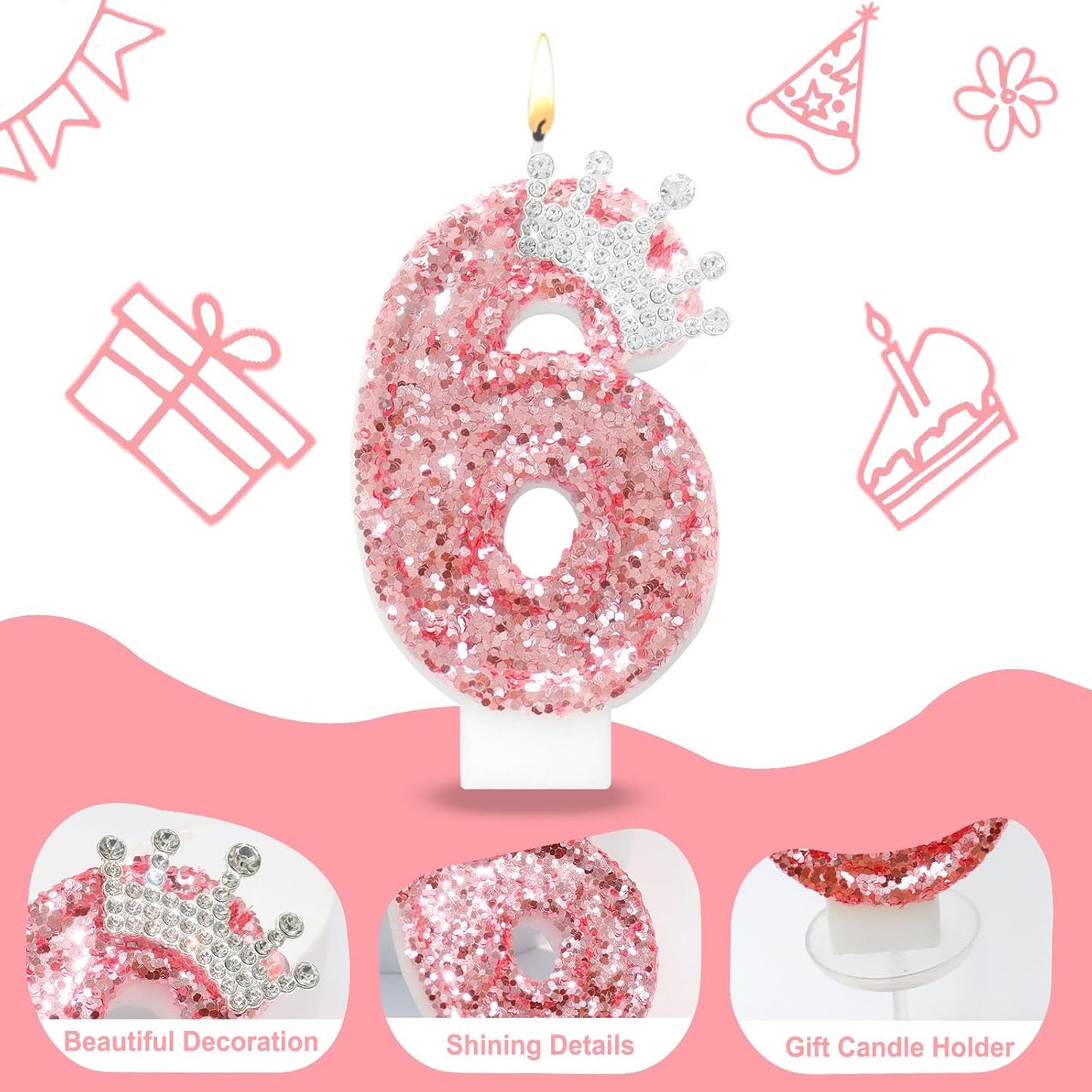 Ceya Number 6 Birthday Candles,Pink Crown Candle for Cake, Sparkling Number Glitter Candle 3.14inch Cake Topper,6st Birthday Decorations for Girl Women Reunions Anniversary Party Supplies