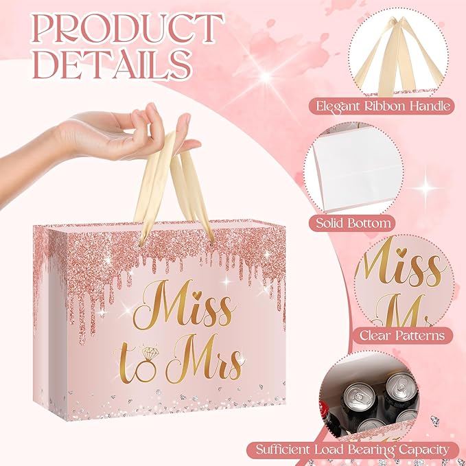 Bridal Shower Gift Bag Wedding Miss to Mrs Gifts Bag with Tissue and Card Bridal Shower Gift Wrapping Paper Bag Rose Gold Wedding Gift Bags Bride Engagement Bachelorette Party Bag Bride to Be Gifts